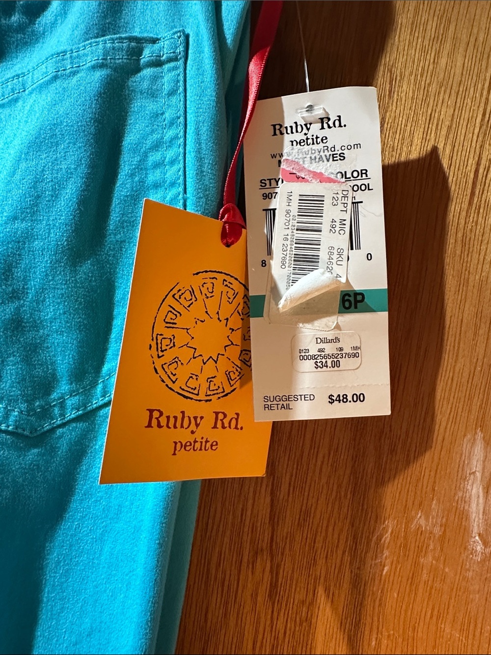Ruby Rd. Bright Turquoise Cropped Button-Hem Pants - Picture 2 of 6